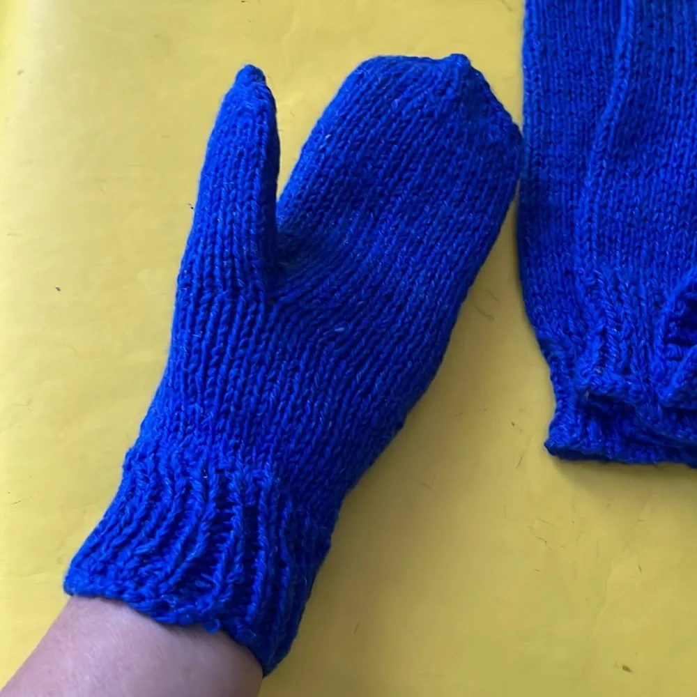 Royal blue hand knitted wool mittens